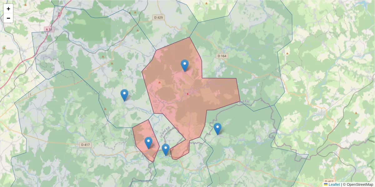 Carte de la zone du code postal  et des codes postaux voisins en France