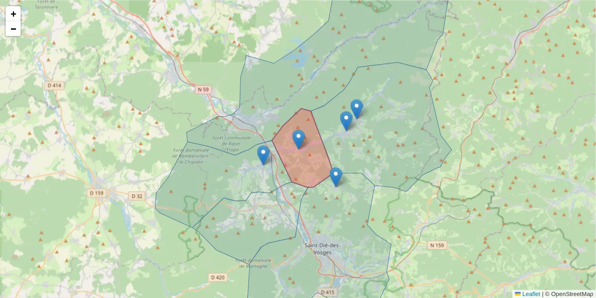 Carte de la zone du code postal  et des codes postaux voisins en France
