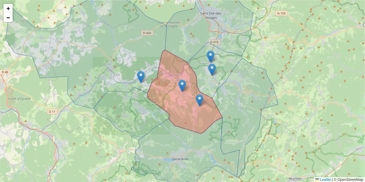 Carte de la zone du code postal  et des codes postaux voisins en France