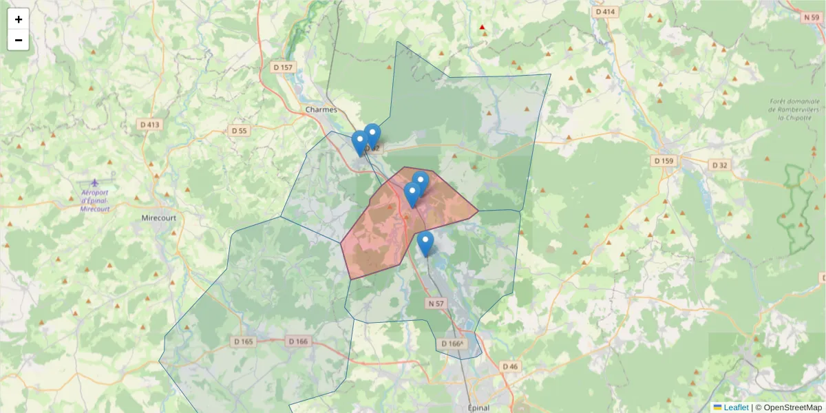 Carte de la zone du code postal  et des codes postaux voisins en France