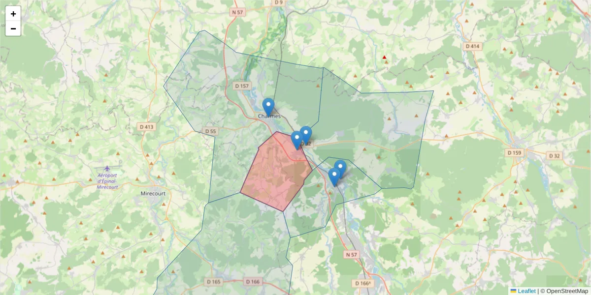 Carte de la zone du code postal  et des codes postaux voisins en France