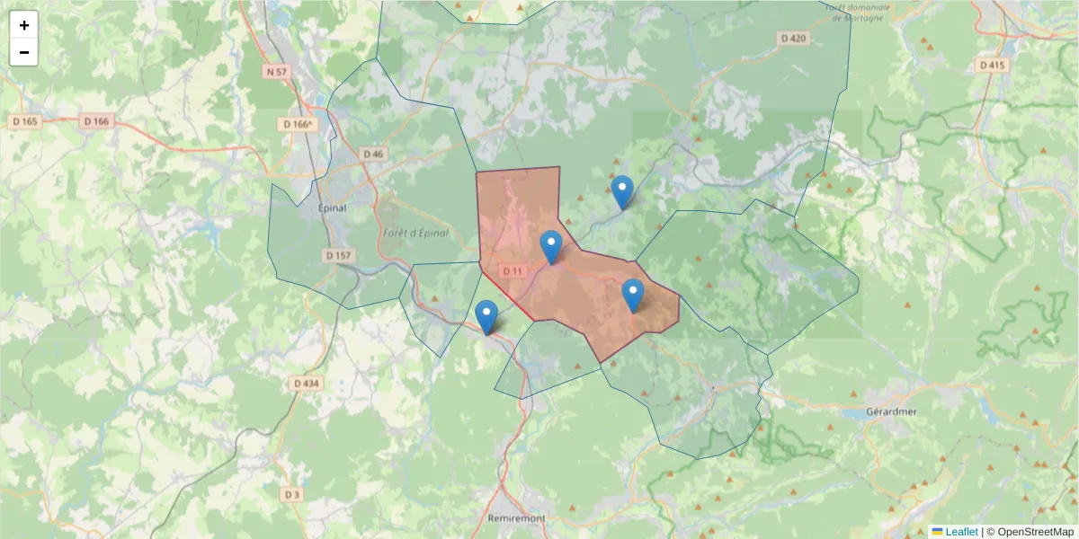 Carte de la zone du code postal  et des codes postaux voisins en France