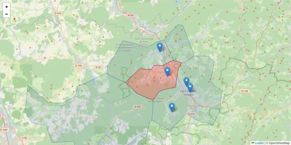 Carte de la zone du code postal  et des codes postaux voisins en France