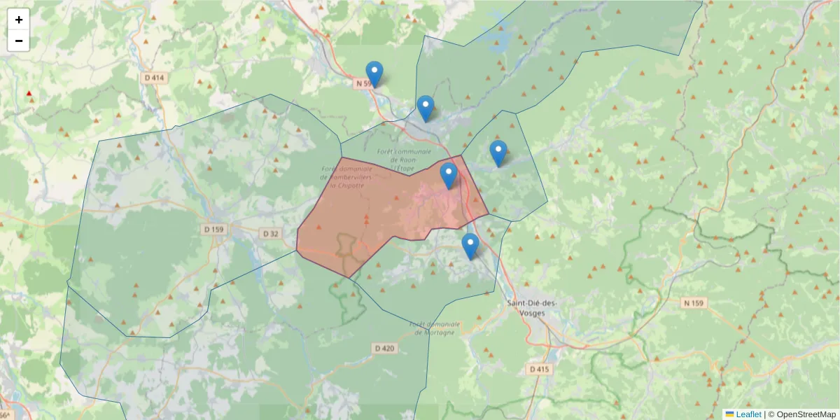 Carte de la zone du code postal  et des codes postaux voisins en France