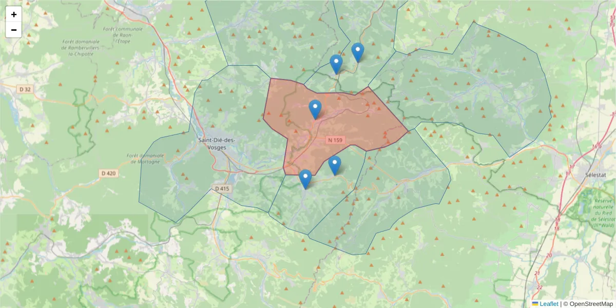 Carte de la zone du code postal  et des codes postaux voisins en France