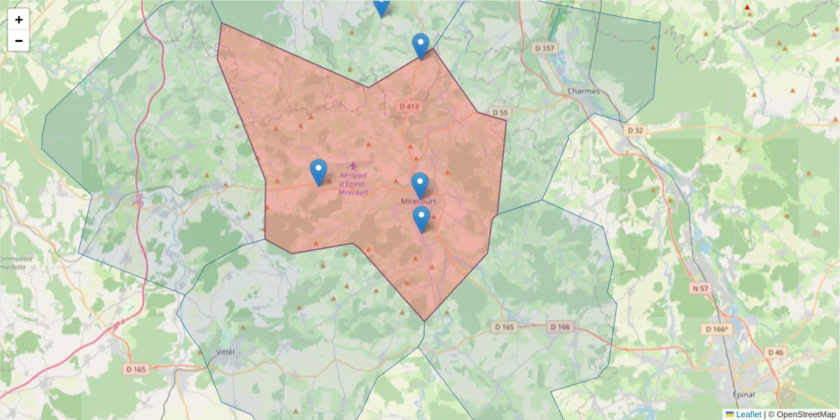 Carte de la zone du code postal  et des codes postaux voisins en France