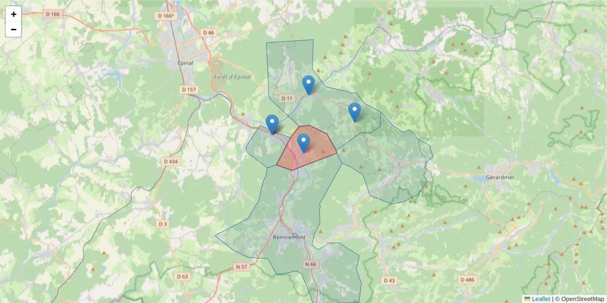 Carte de la zone du code postal  et des codes postaux voisins en France