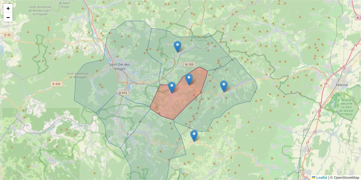 Carte de la zone du code postal  et des codes postaux voisins en France