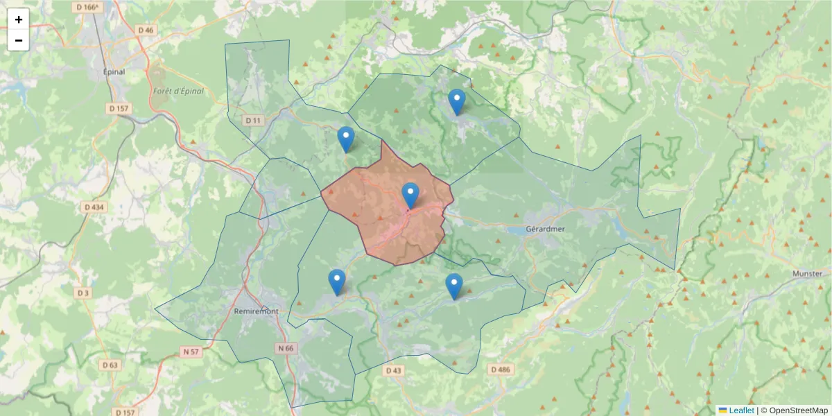 Carte de la zone du code postal  et des codes postaux voisins en France