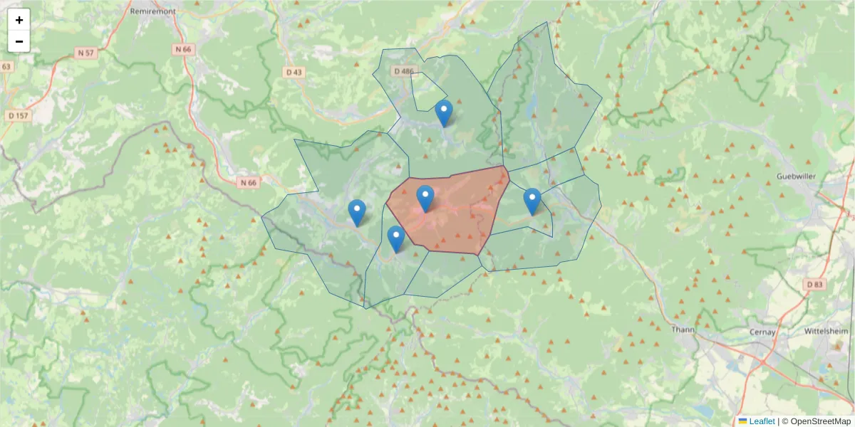 Carte de la zone du code postal  et des codes postaux voisins en France