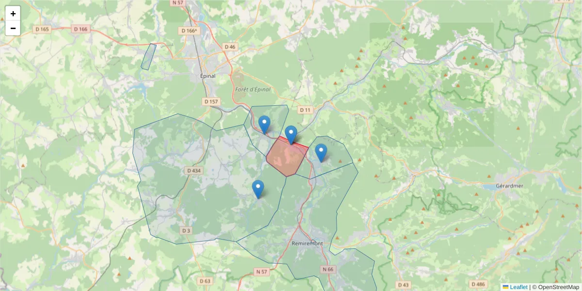Carte de la zone du code postal  et des codes postaux voisins en France