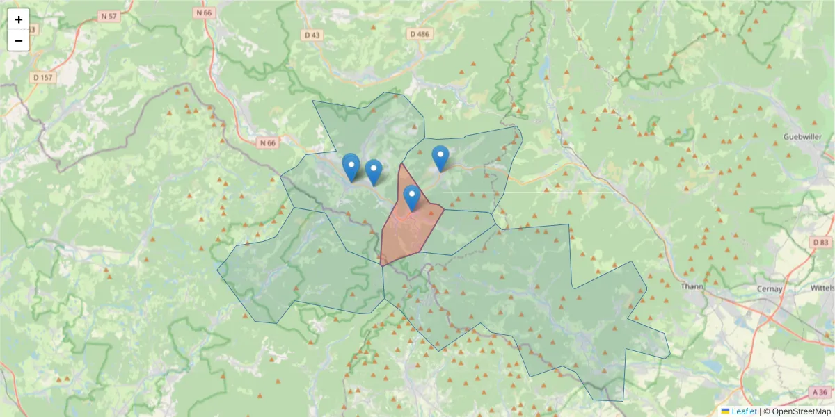 Carte de la zone du code postal  et des codes postaux voisins en France