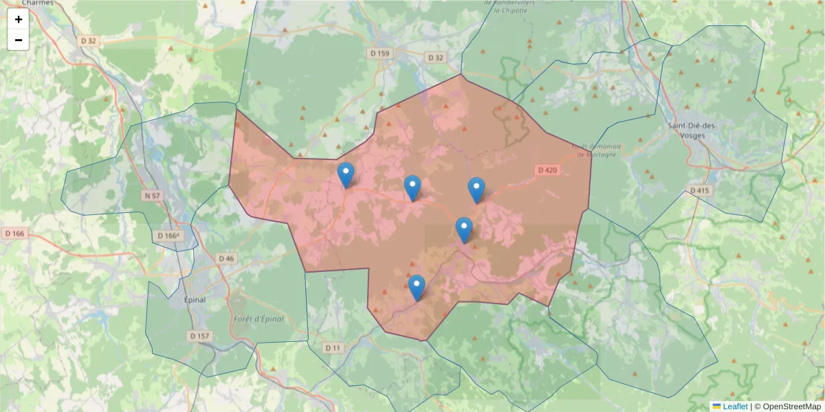 Carte de la zone du code postal  et des codes postaux voisins en France