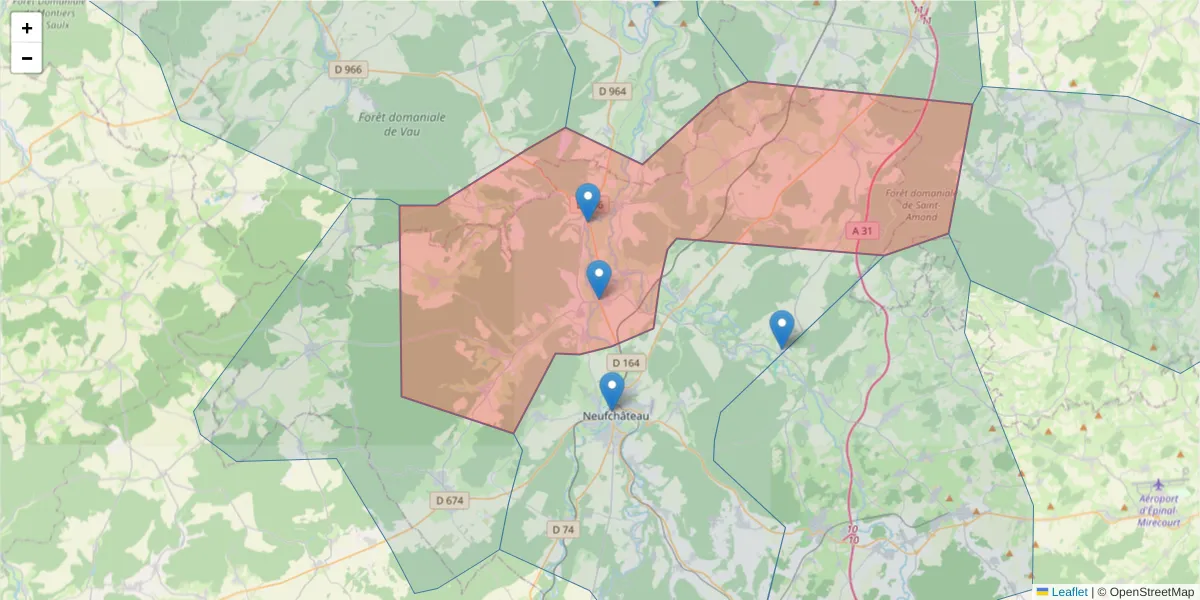 Carte de la zone du code postal  et des codes postaux voisins en France