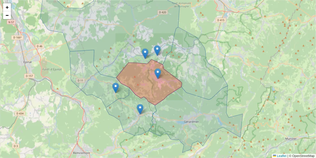 Carte de la zone du code postal  et des codes postaux voisins en France