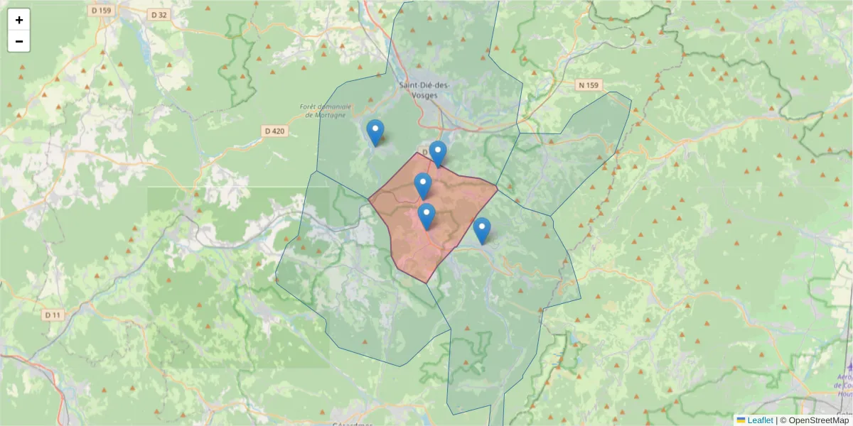 Carte de la zone du code postal  et des codes postaux voisins en France
