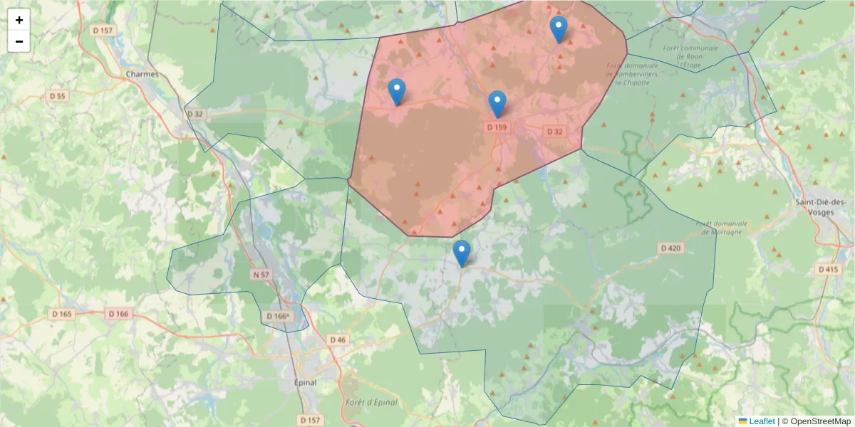 Carte de la zone du code postal  et des codes postaux voisins en France