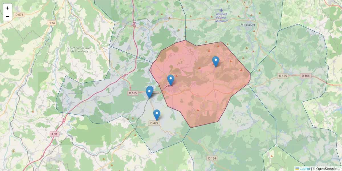 Carte de la zone du code postal  et des codes postaux voisins en France