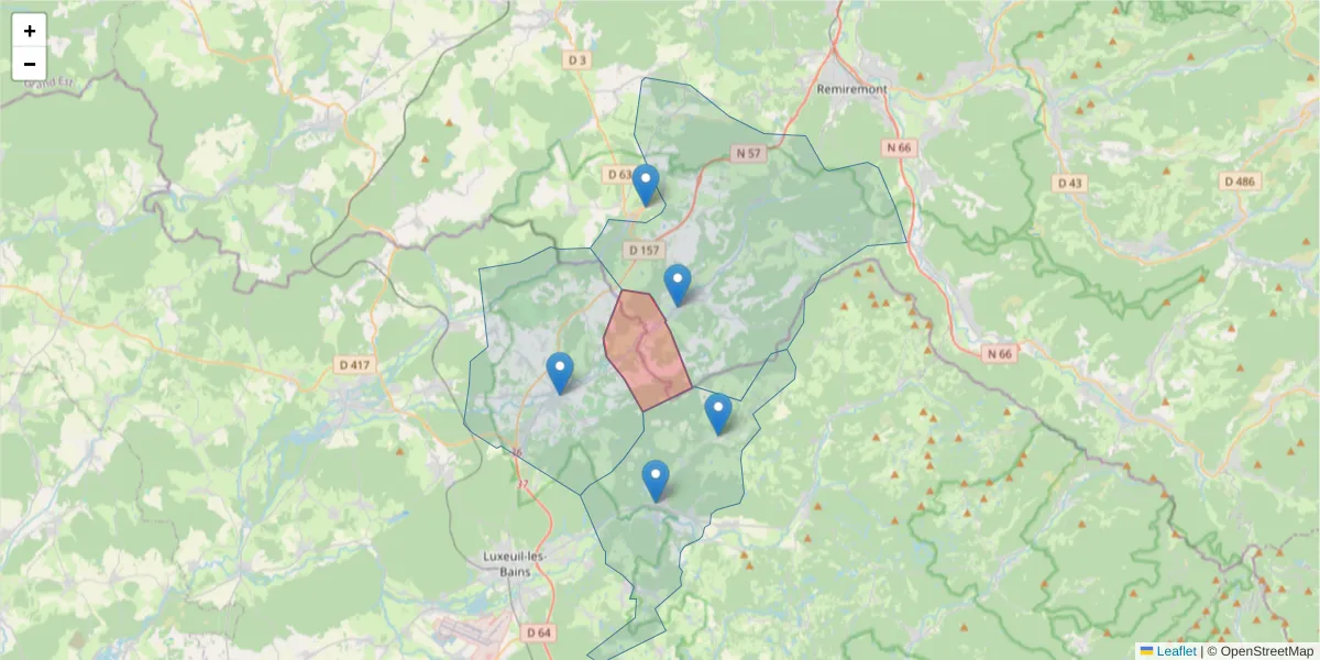 Carte de la zone du code postal  et des codes postaux voisins en France