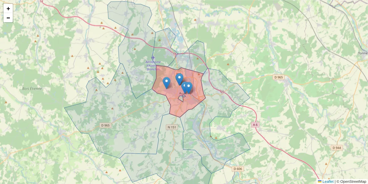 Carte de la zone du code postal  et des codes postaux voisins en France