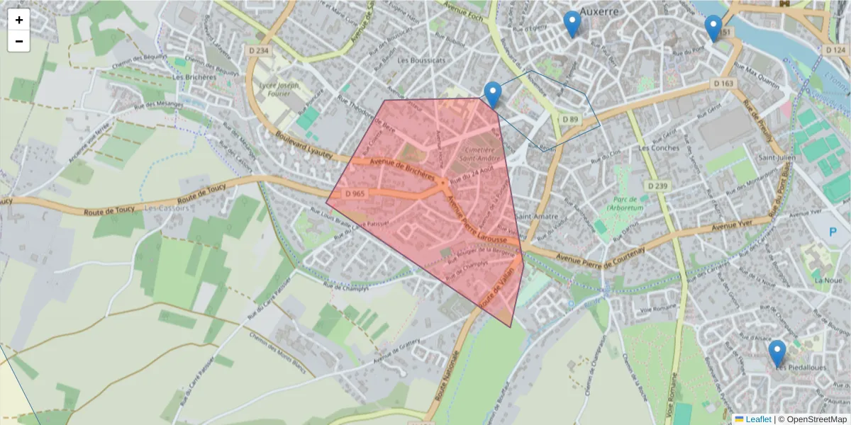 Carte de la zone du code postal  et des codes postaux voisins en France