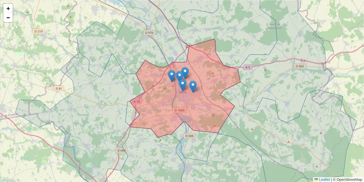 Carte de la zone du code postal  et des codes postaux voisins en France