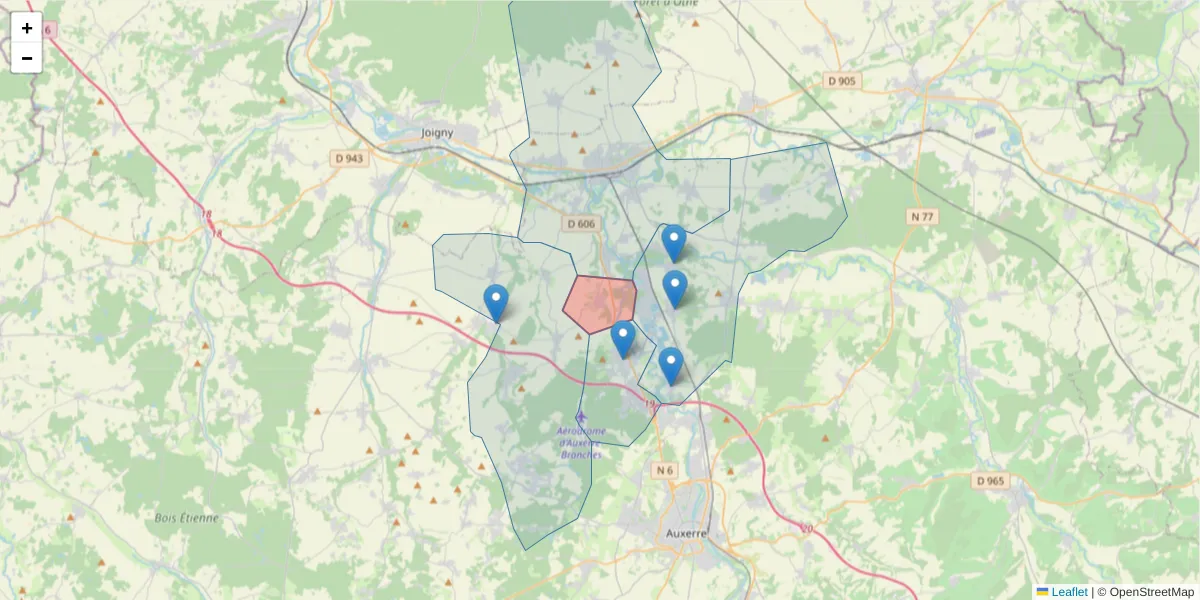Carte de la zone du code postal  et des codes postaux voisins en France