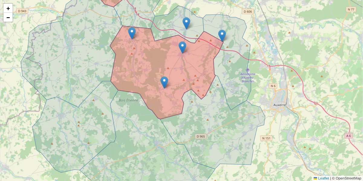 Carte de la zone du code postal  et des codes postaux voisins en France