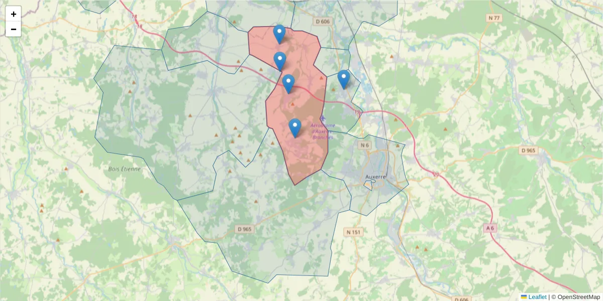 Carte de la zone du code postal  et des codes postaux voisins en France