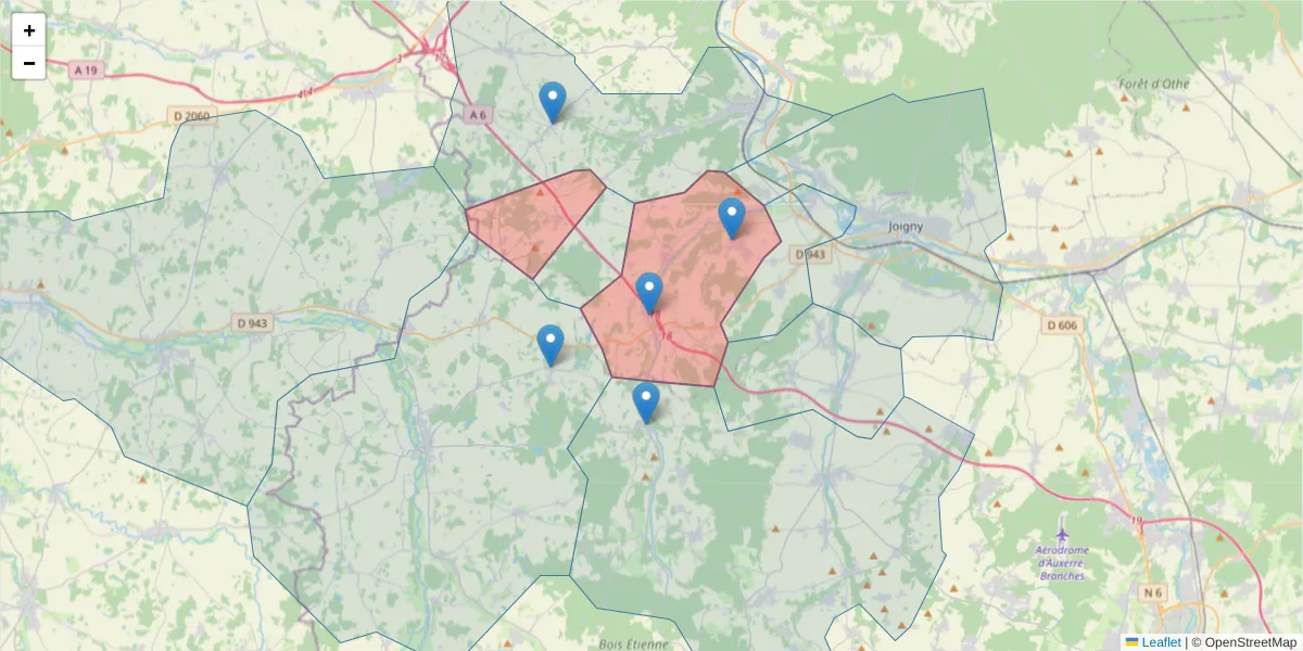 Carte de la zone du code postal  et des codes postaux voisins en France