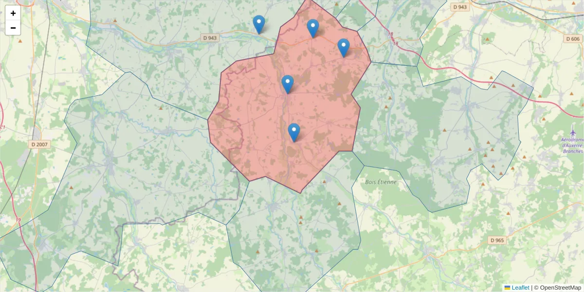 Carte de la zone du code postal  et des codes postaux voisins en France