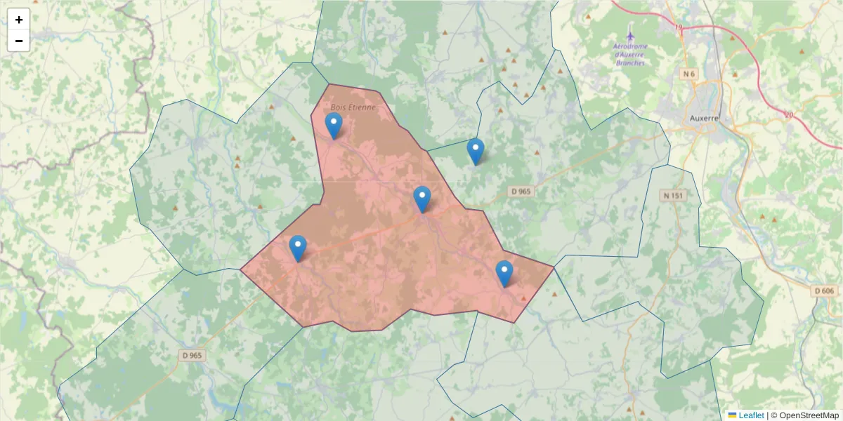 Carte de la zone du code postal  et des codes postaux voisins en France