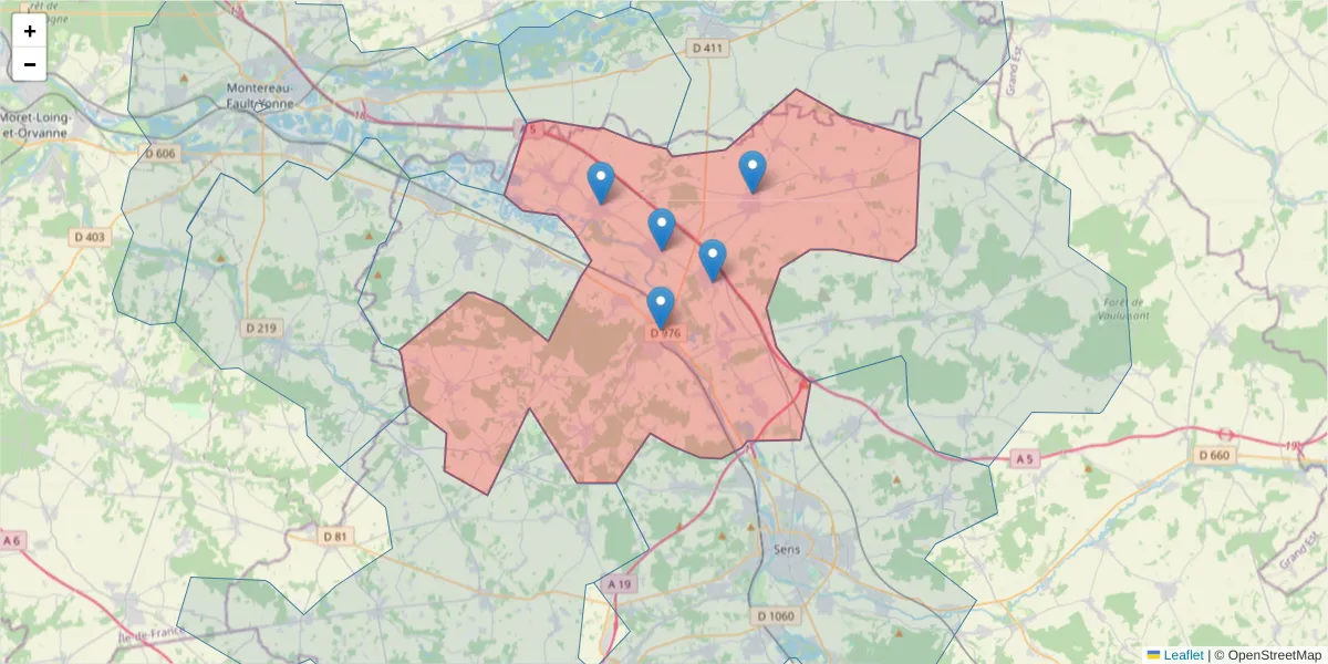 Carte de la zone du code postal  et des codes postaux voisins en France
