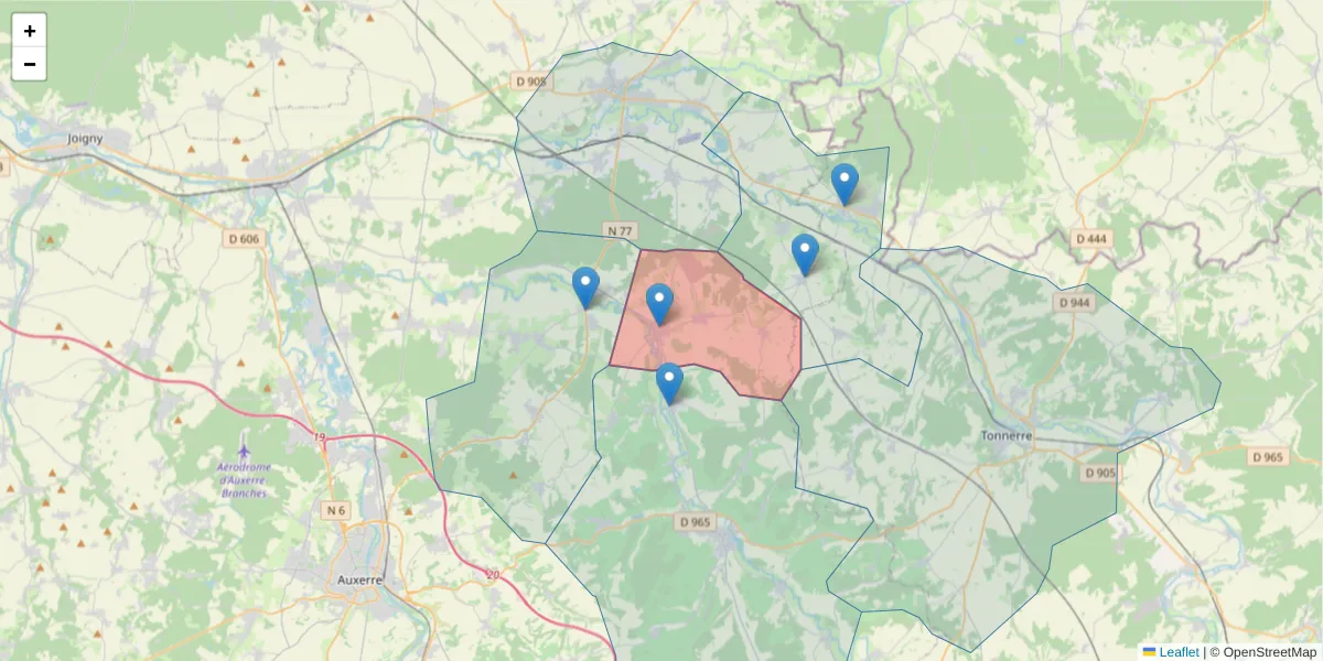 Carte de la zone du code postal  et des codes postaux voisins en France