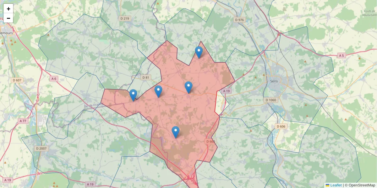 Carte de la zone du code postal  et des codes postaux voisins en France