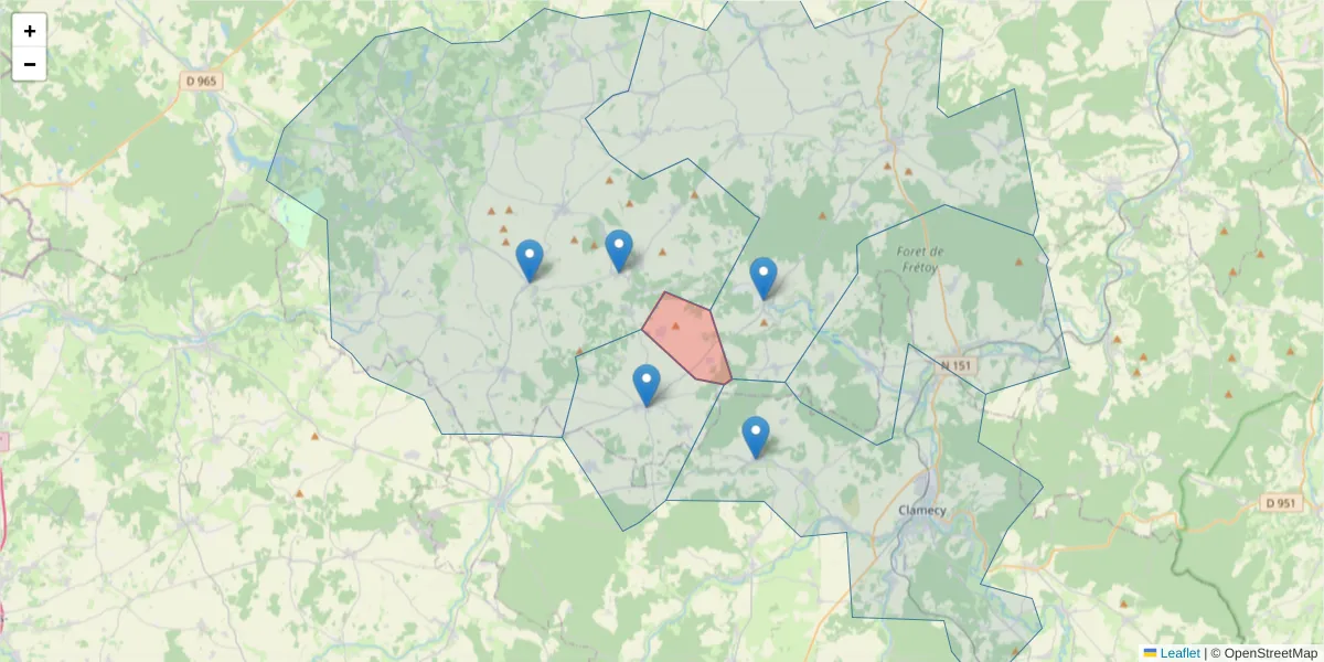 Carte de la zone du code postal  et des codes postaux voisins en France