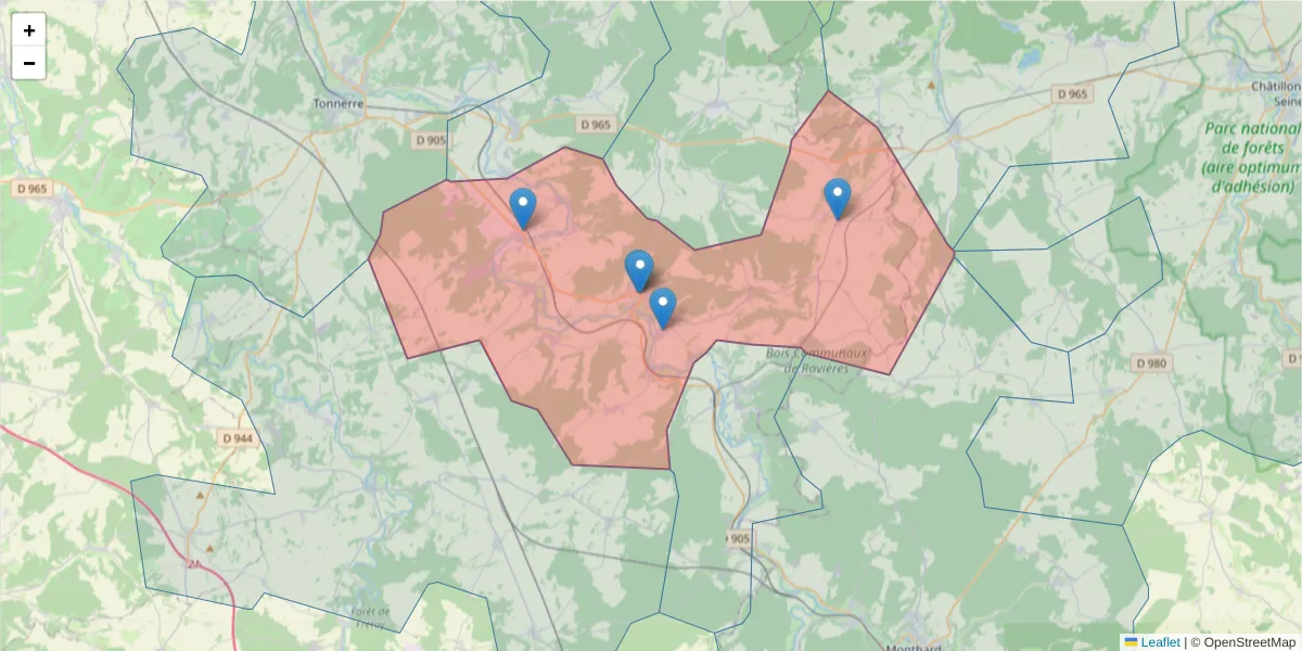 Carte de la zone du code postal  et des codes postaux voisins en France
