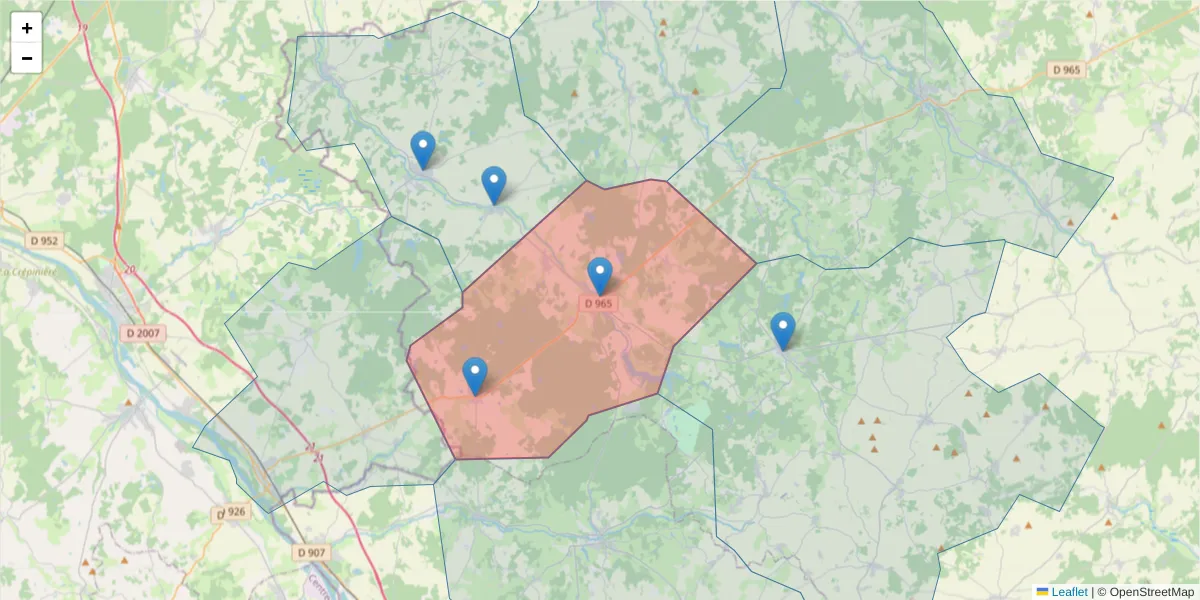 Carte de la zone du code postal  et des codes postaux voisins en France