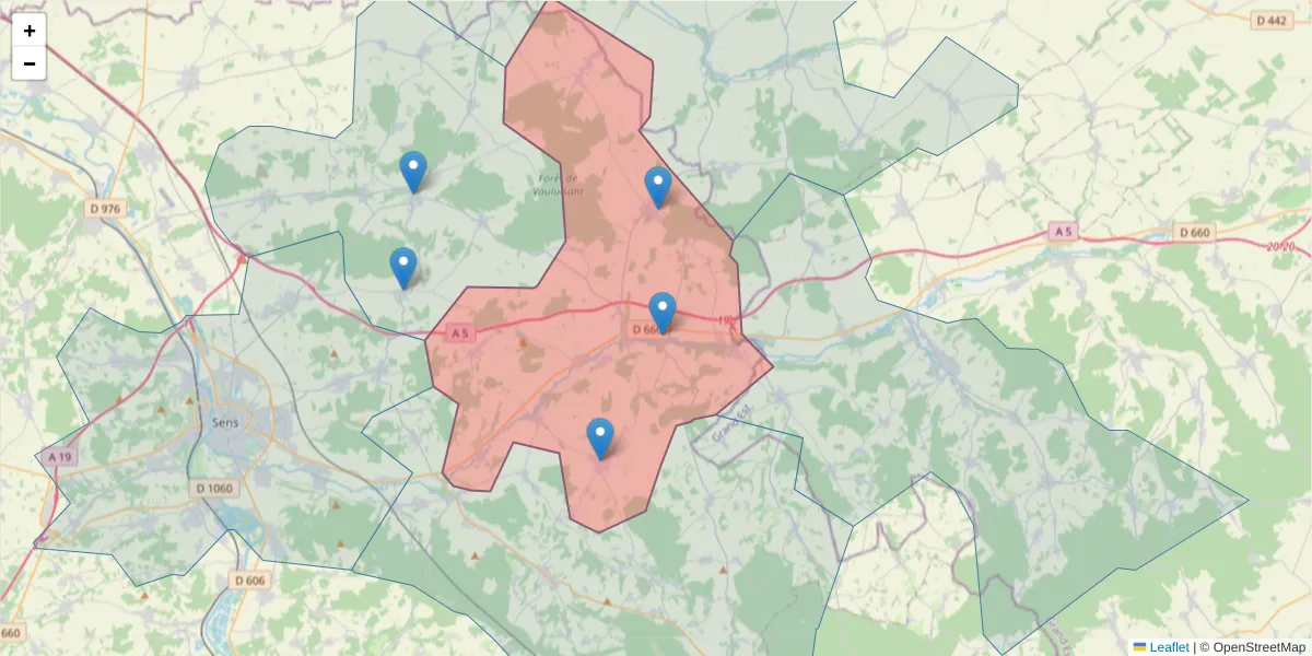 Carte de la zone du code postal  et des codes postaux voisins en France