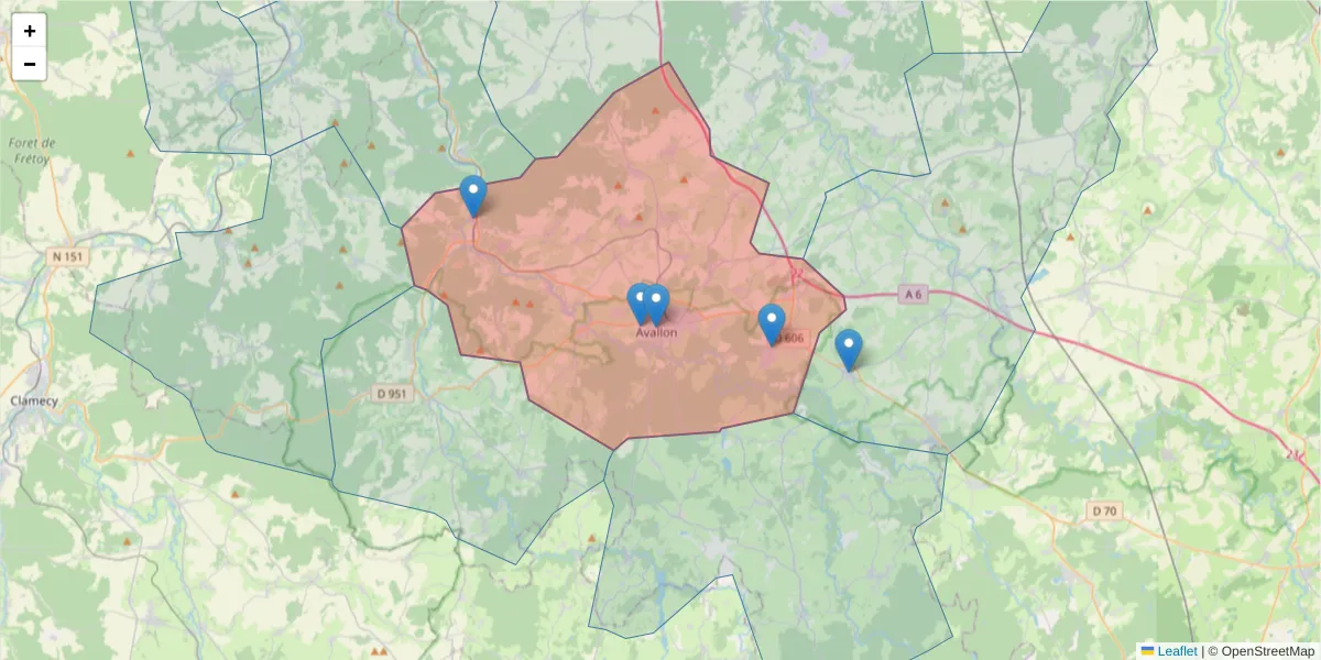 Carte de la zone du code postal  et des codes postaux voisins en France
