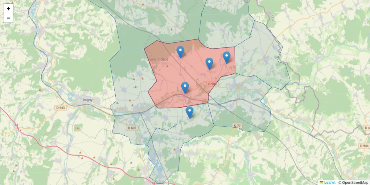 Carte de la zone du code postal  et des codes postaux voisins en France