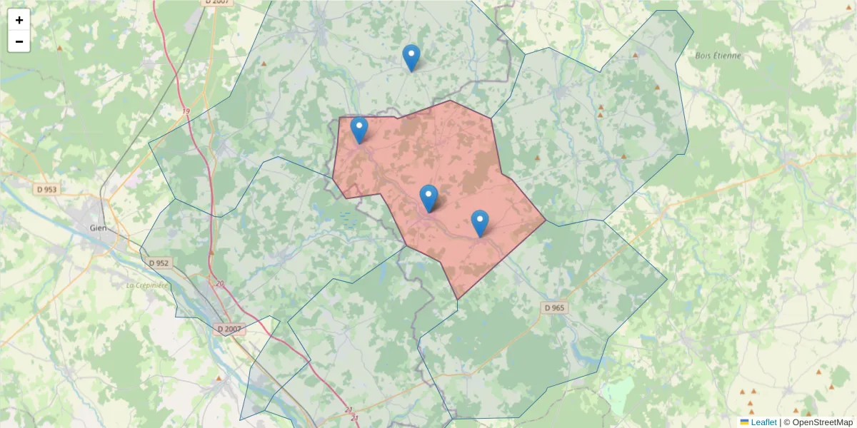 Carte de la zone du code postal  et des codes postaux voisins en France