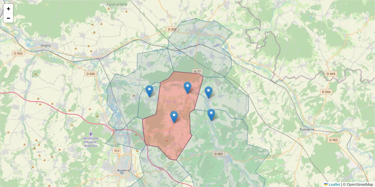 Carte de la zone du code postal  et des codes postaux voisins en France