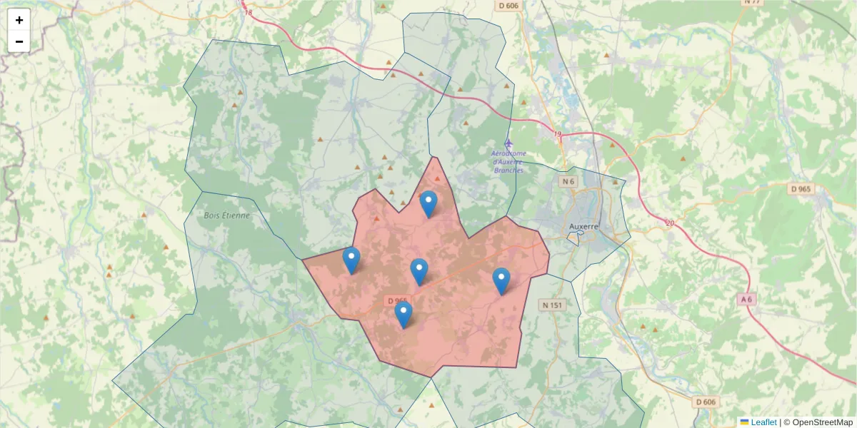 Carte de la zone du code postal  et des codes postaux voisins en France