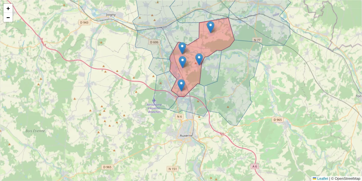 Carte de la zone du code postal  et des codes postaux voisins en France