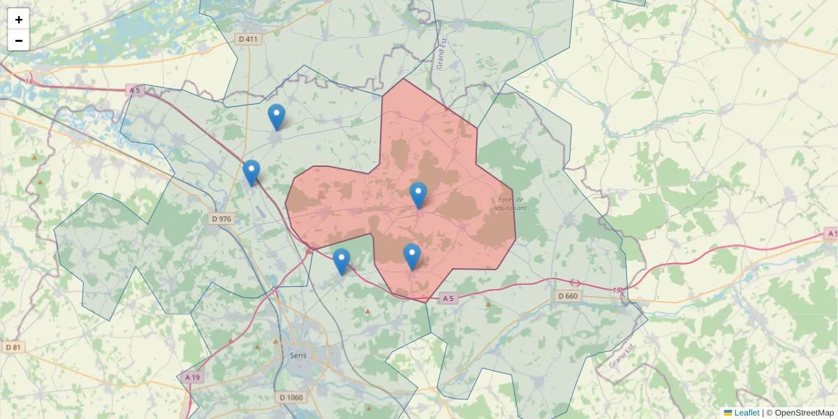 Carte de la zone du code postal  et des codes postaux voisins en France