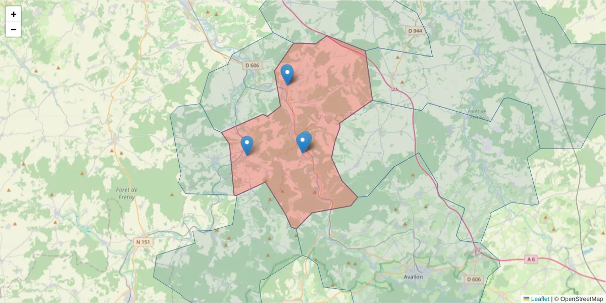 Carte de la zone du code postal  et des codes postaux voisins en France