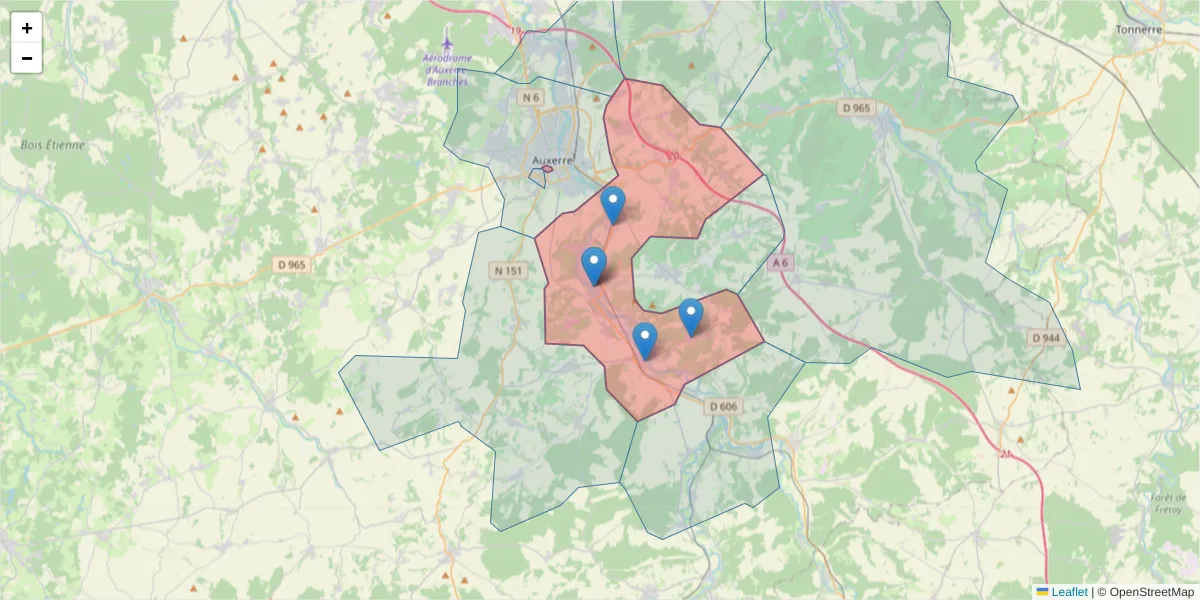 Carte de la zone du code postal  et des codes postaux voisins en France