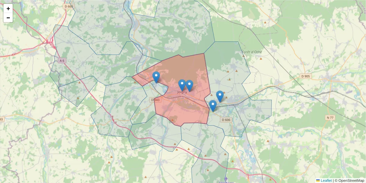 Carte de la zone du code postal  et des codes postaux voisins en France