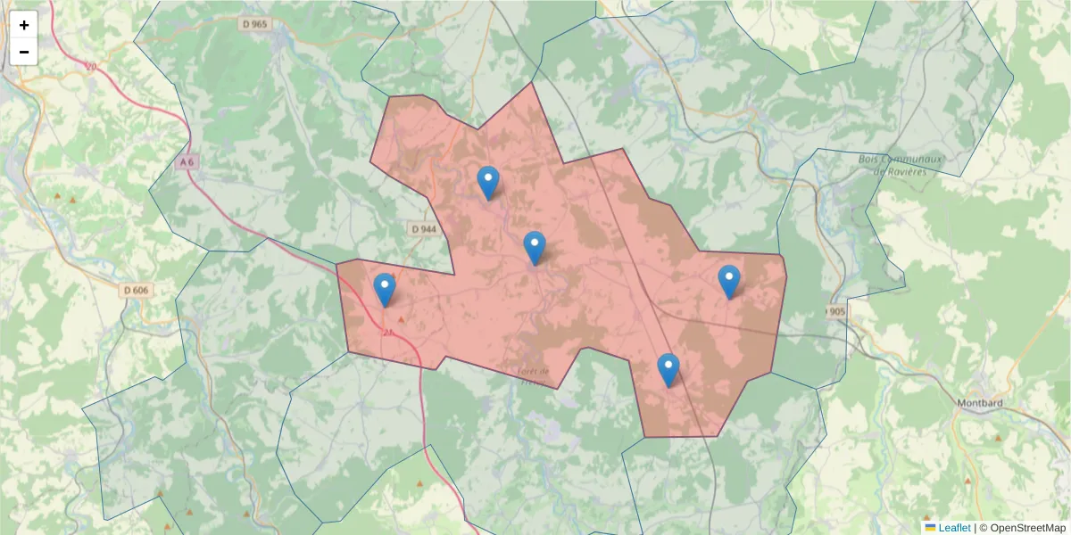 Carte de la zone du code postal  et des codes postaux voisins en France